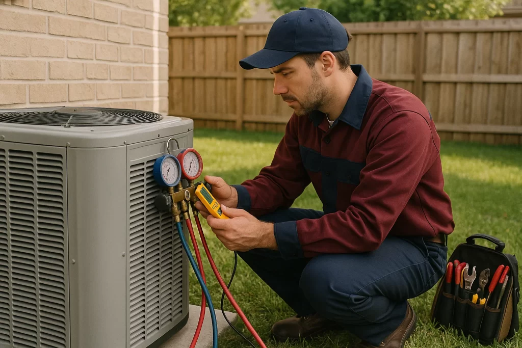 Technician diagnosing outdoor AC unit in Kalispell backyard.