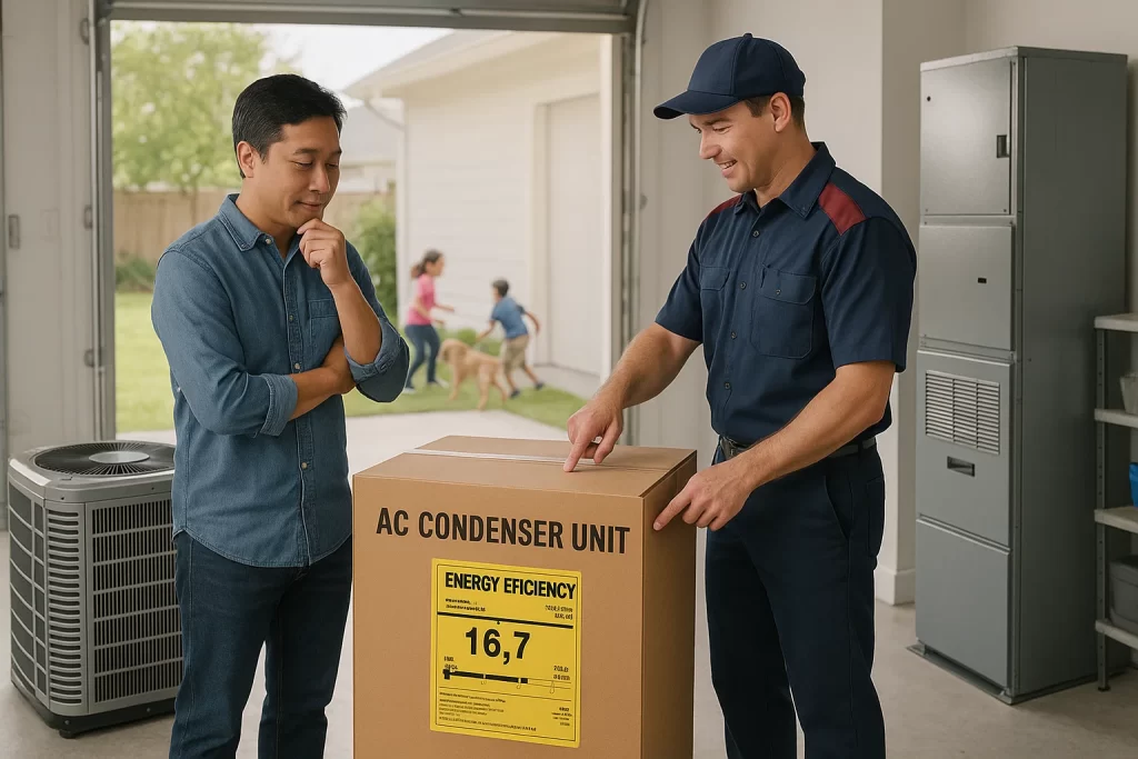 A homeowner and a hvac tech discussing a new, energy efficient ac unit in the garage.