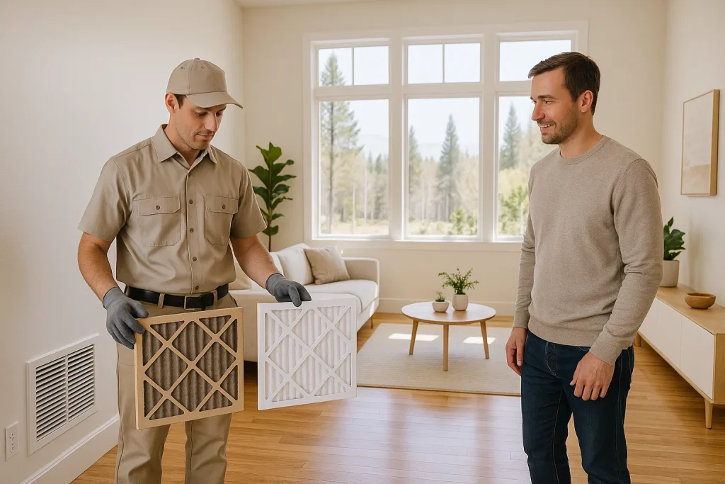 Homeowner watches HVAC technician replace air filter in living room return vent
