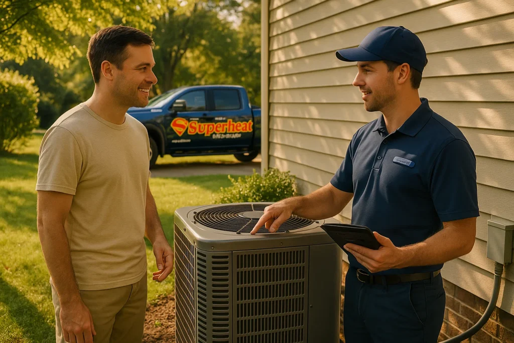 Homeowner and technician review end-of-summer maintenance checklist near condenser in Maryland.