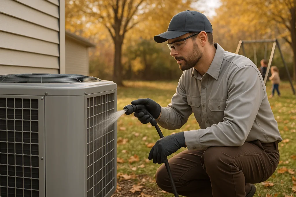 Technician cleaning condenser coils on outdoor heat pump before winter