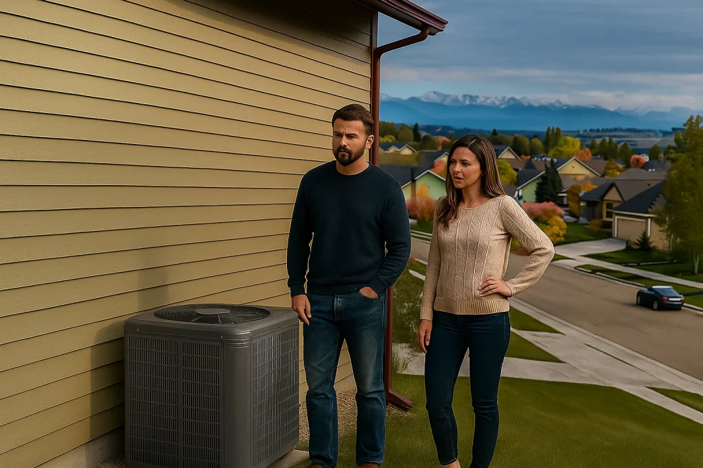 An image of a homeowner couple on the side of their house, looking at their noisemaking AC unit