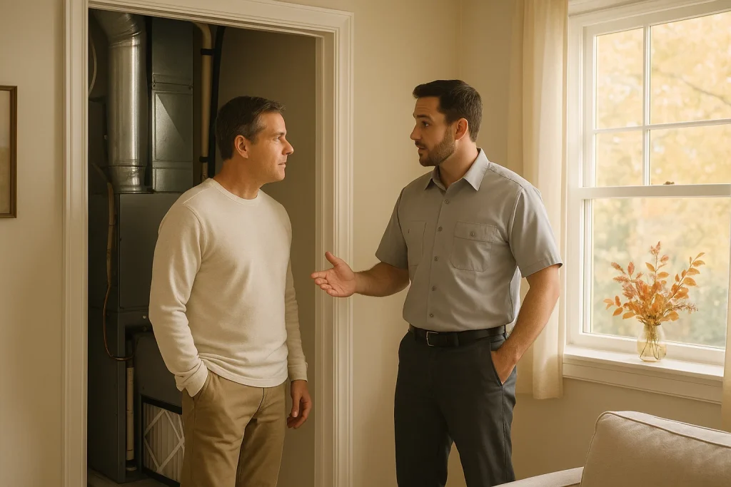 Homeowner reviewing whole-home air filter upgrade with HVAC technician in October