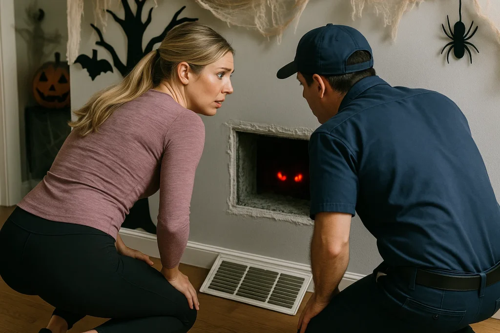 A homeowner and an hvac tech looking in to a dusty heating duct with evil glowing red eyes inside.