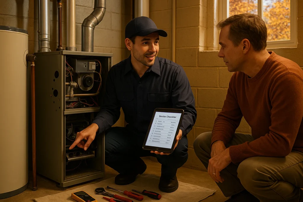 Technician performing a fall furnace tune‑up in November to prevent being left in the cold during early winter.
