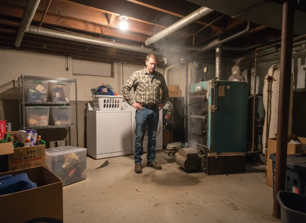 A homeowner looking concerned at his old furnace, slightly smoking in the basement