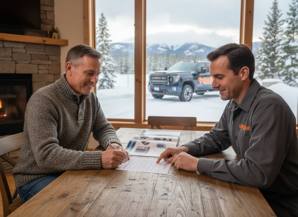 Homeowner signing up for HVAC maintenance membership with technician explaining benefits