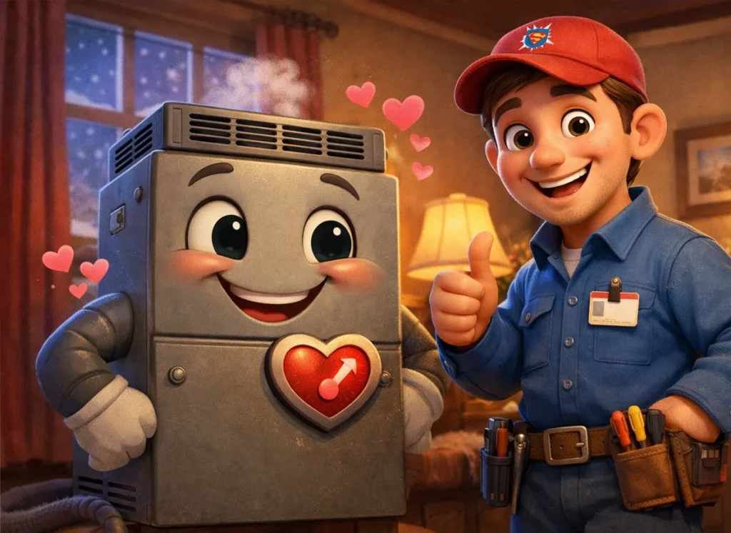 Cute Valentine’s Day furnace character symbolizing reliable heat