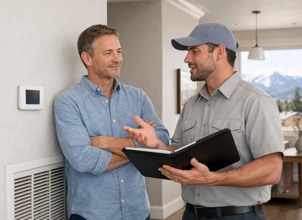 Homeowner reviews HVAC maintenance membership with technician in spring