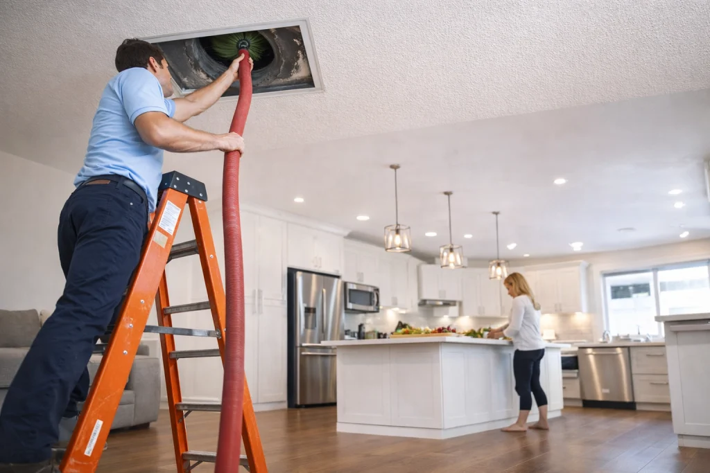 An HVAC tech performing duct cleaning.