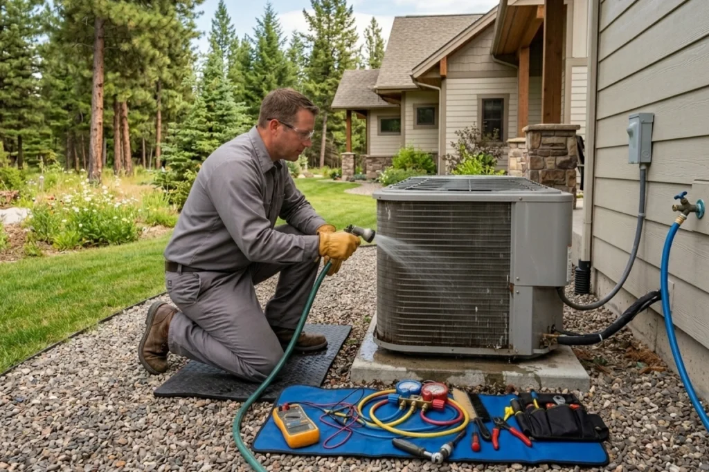 HVAC technician cleaning outdoor condenser for summer readiness
