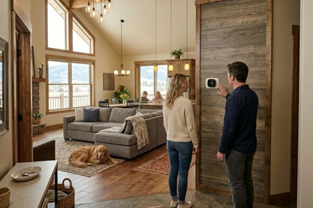 Homeowner using smart thermostat for energy-smart HVAC comfort