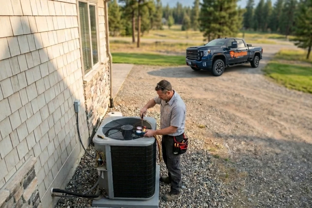 An HVAC technician servicing an AC condenser unit from the side of a house