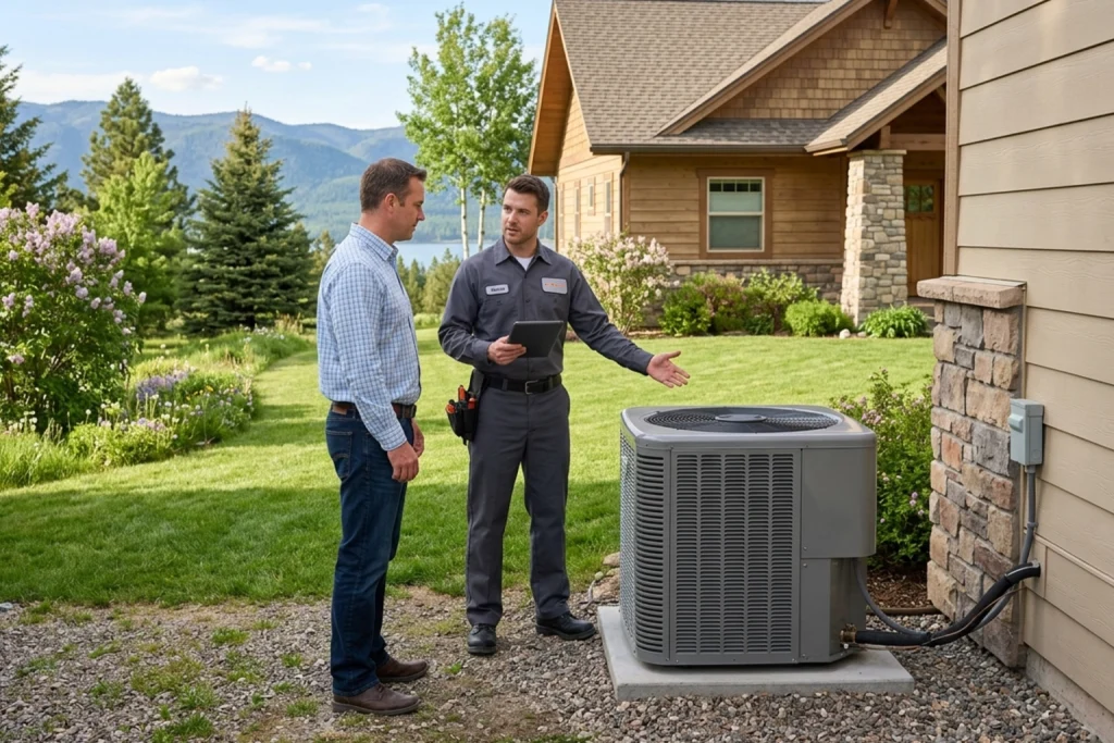 Lakeside homeowner discussing air conditioning repairs before summer