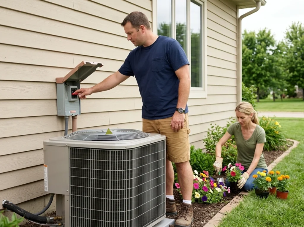 Kalispell homeowner checking AC circuit breaker.