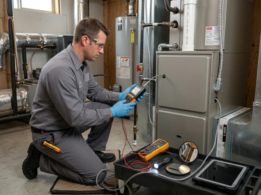 HVAC technician performing furnace and electrical safety inspection