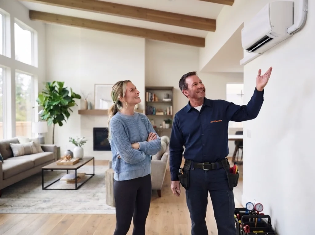 HVAC technician commissioning a ductless mini split outdoor unit