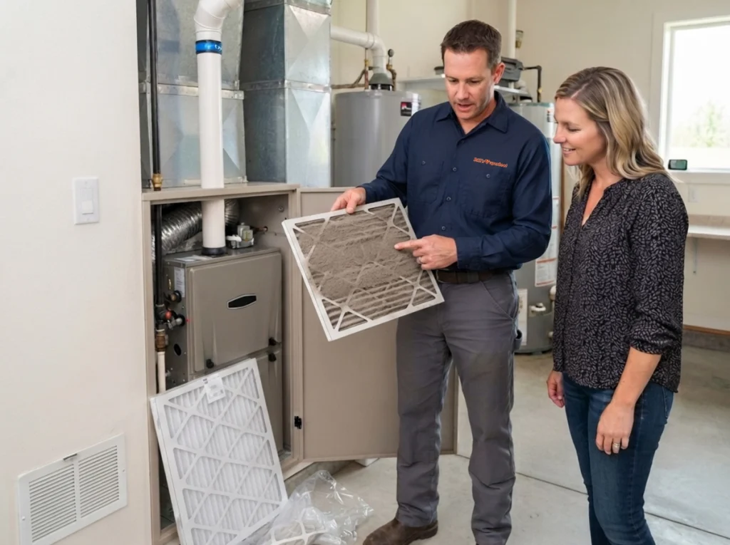 Lakeside homeowner reviewing a dirty AC filter during a summer check