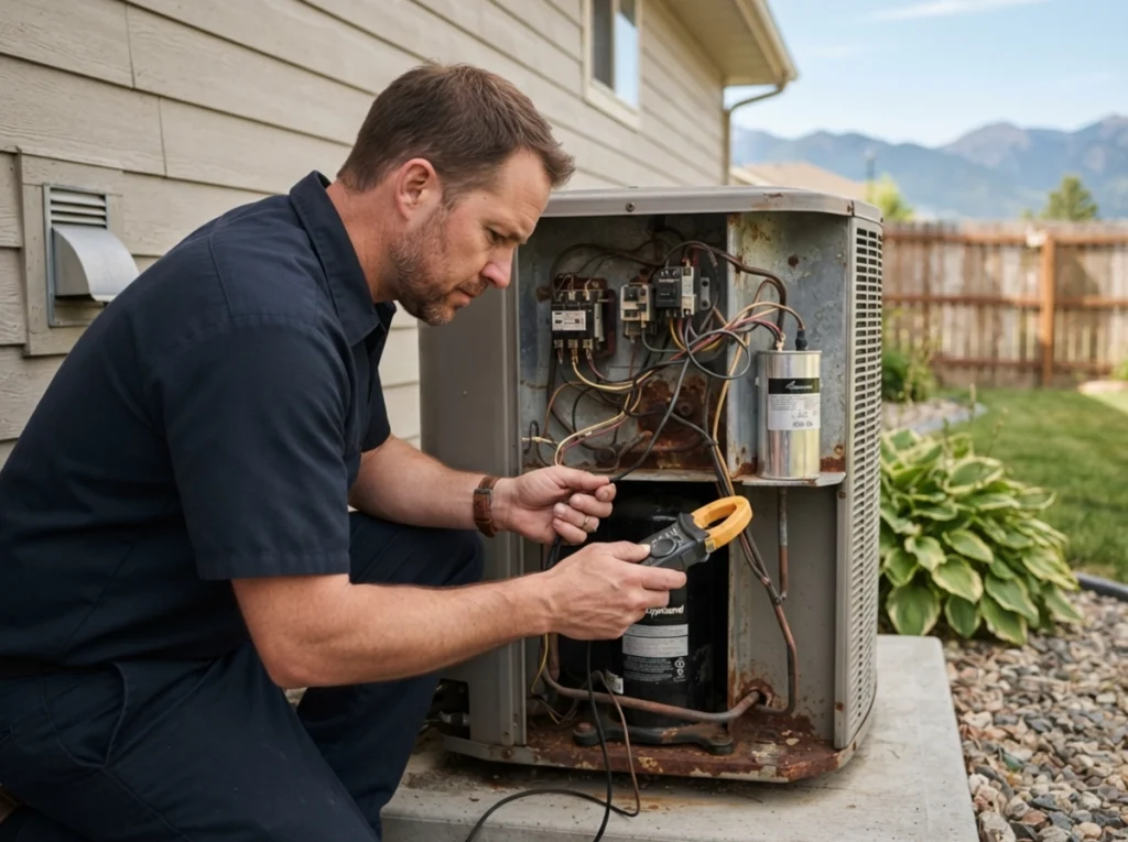 HVAC technician evaluating an aging AC compressor in Kalispell